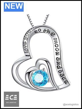 Sterling Silver Blue Topaz Heart Pendant Necklace I Love You Moon 18in